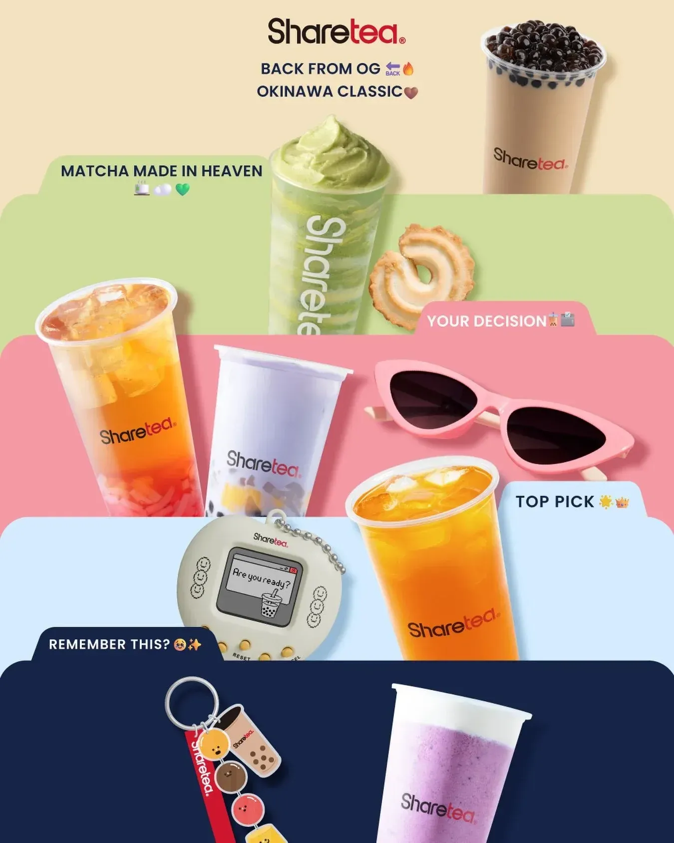 Shrek-themed Starbucks drinks and merch collage in pastel green, pink, blue, and black panels