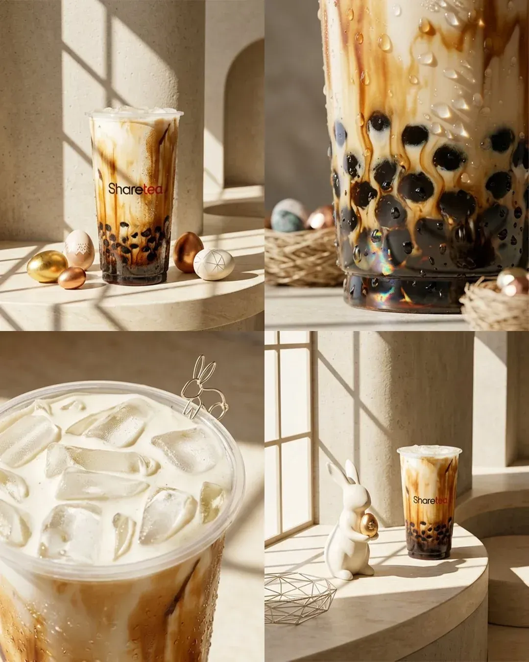 Iced bubble tea collage in warm beige light, featuring boba cups with milk foam and black pearls on a shelf.