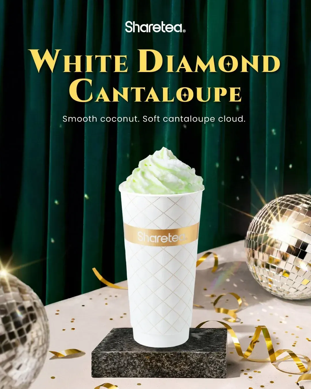 White Diamond Cantaloupe drink in a white cup on a black pedestal with gold confetti and disco ball
