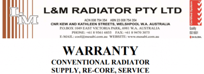 Warranty header for L&M Radiator Pty Ltd, including contact address, phone, email, and website details.