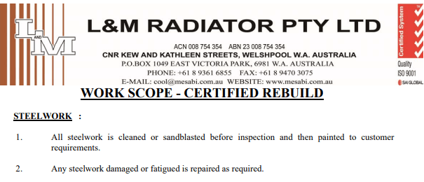 Company letterhead for L&M Radiator Pty Ltd detailing a work scope for a certified rebuild of steelwork.
