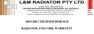 L&M Radiator Pty Ltd header with company contact details, branding, and text for Mesabi Certified Rebuild warranty.
