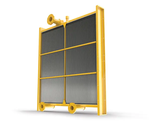 A yellow industrial radiator unit with vertical cooling fins and multiple circular pipe flanges on a plain white background.