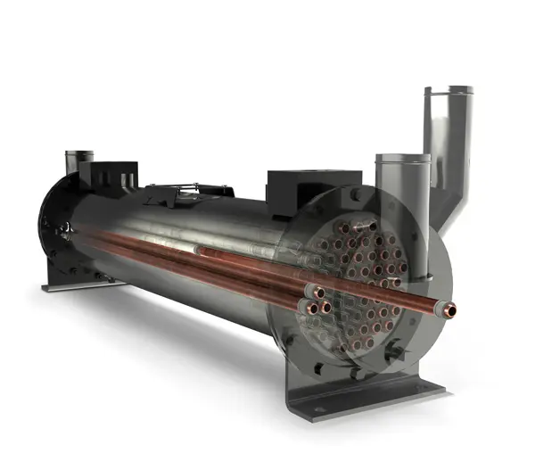 A cutaway view of a industrial shell and tube heat exchanger featuring copper tubes inside a dark cylindrical housing.