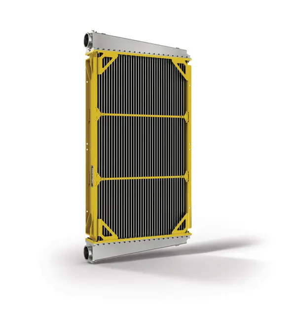 A vertical, heavy-duty industrial radiator with a black finned core and yellow metal frame against a white background.