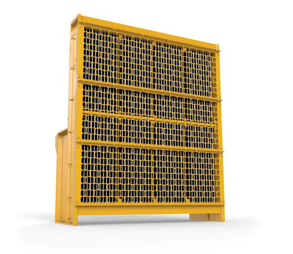 A yellow industrial radiator or heavy-duty cooling unit with a large, rectangular grid front.
