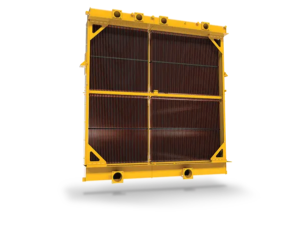 A large, yellow industrial radiator with a central cross-braced frame and copper-colored heat exchanger fins.