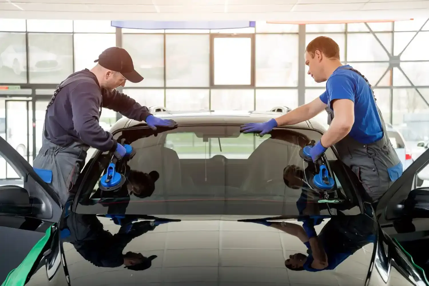 Two workers installing a windshield on a black car inside a shop.