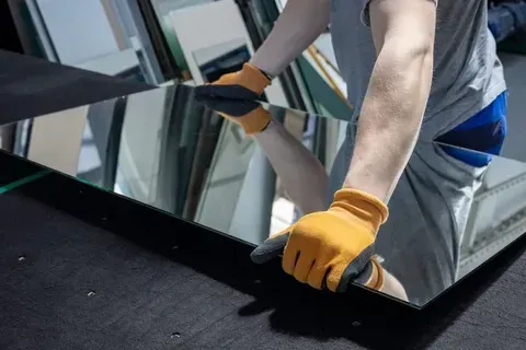 A man wearing yellow gloves is cutting a large mirror.