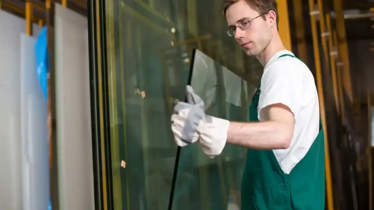 A man is working on a glass window in a factory.