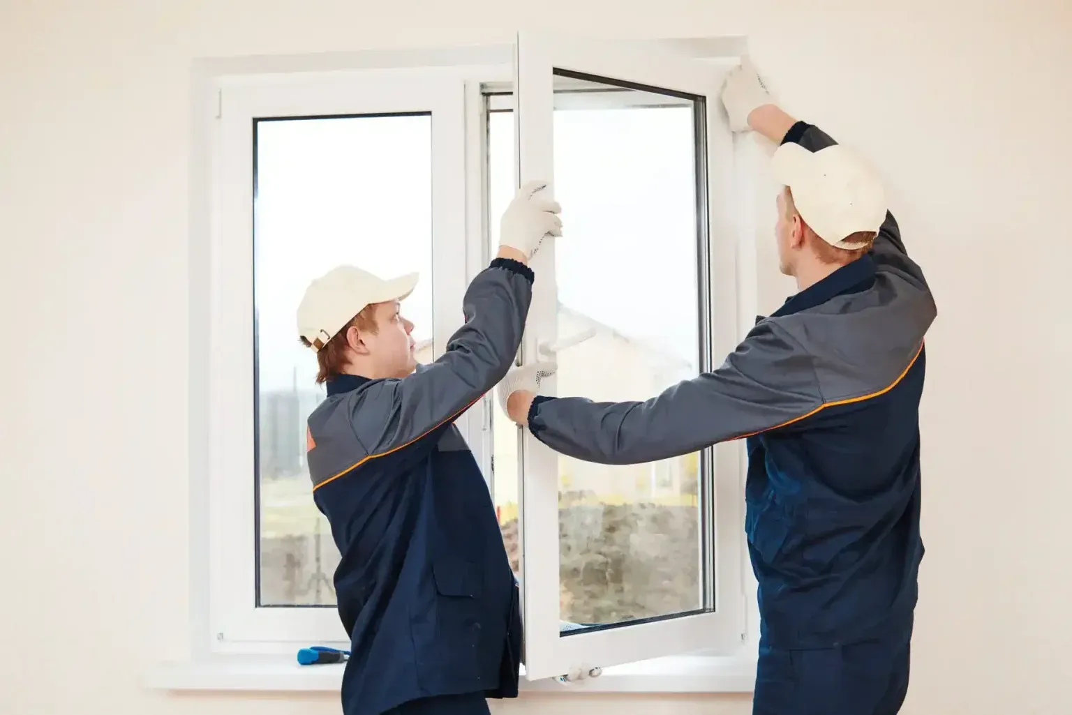 Two men are installing a window in a room.