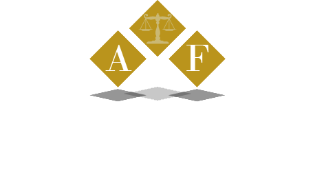 Gold diamonds with letters A and F and a scales-of-justice symbol above them on a white background
