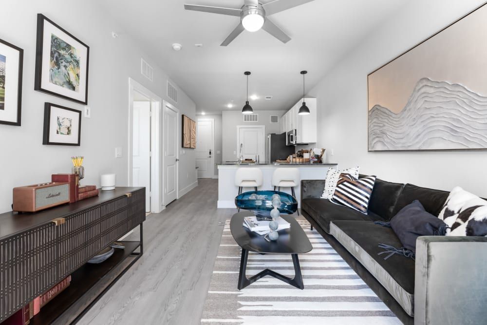 Spacious Living Room with Ceiling Fan at The Bennett, which offers apartments for rent off I-35 South Austin.