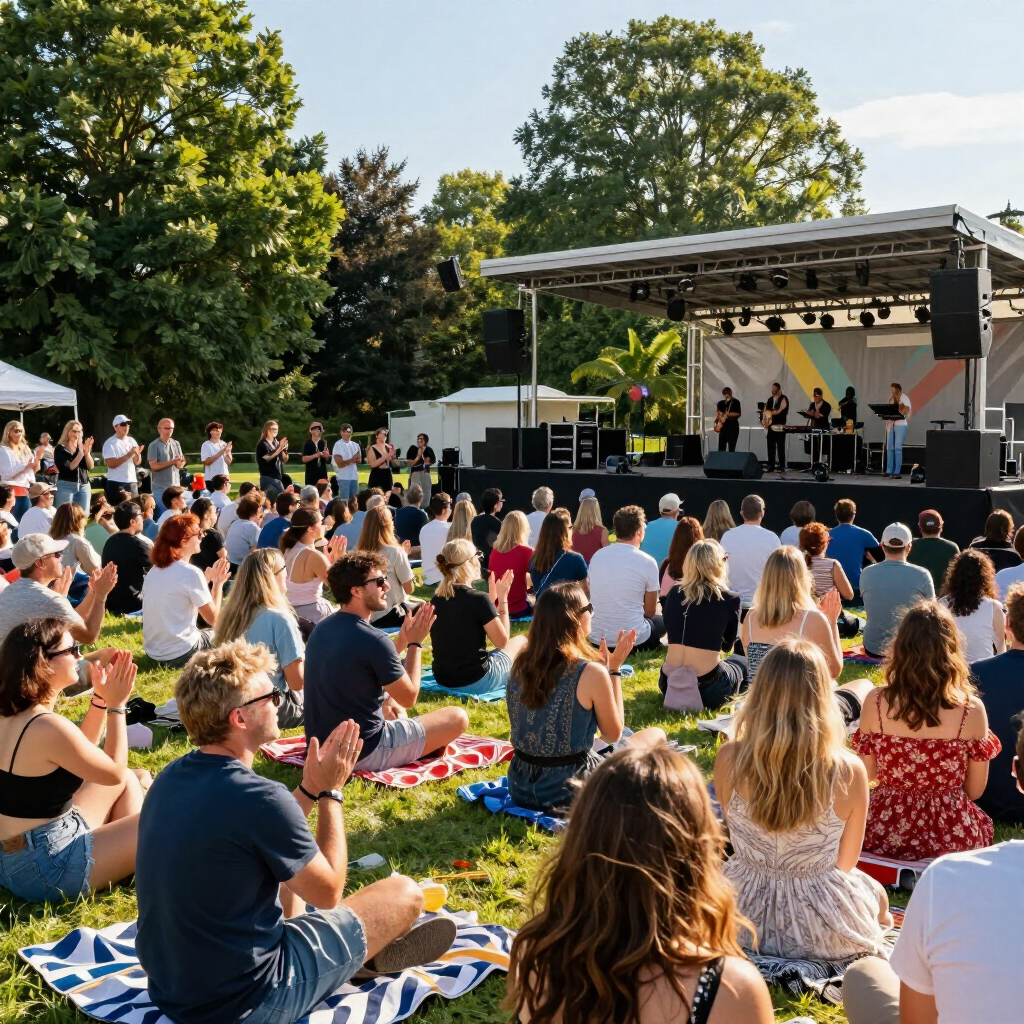 Het publiek van het openluchtconcert zit op dekens tegenover een podium met muzikanten onder de bomen.