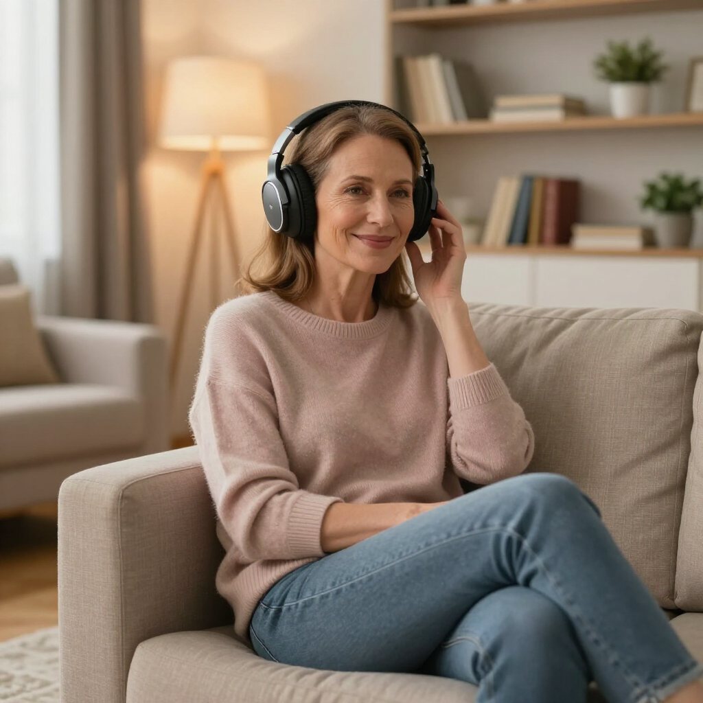 Vrouw met koptelefoon en roze trui aan, zittend op een beige bank in een gezellige woonkamer.