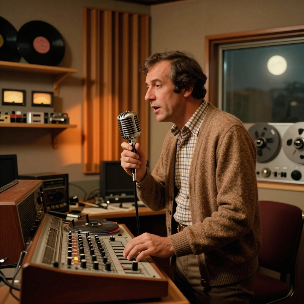 Een man zingt in een opnamestudio met een vintage microfoon, mengpaneel en bandrecorders.