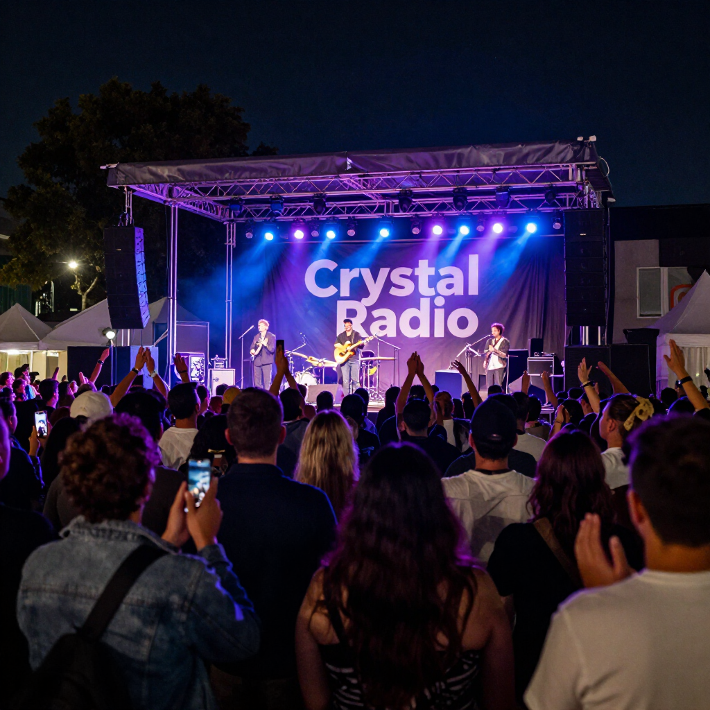 Publiek kijkt naar een liveconcert van Crystal Radio op een openluchtpodium dat verlicht is met paarse en blauwe lampen.
