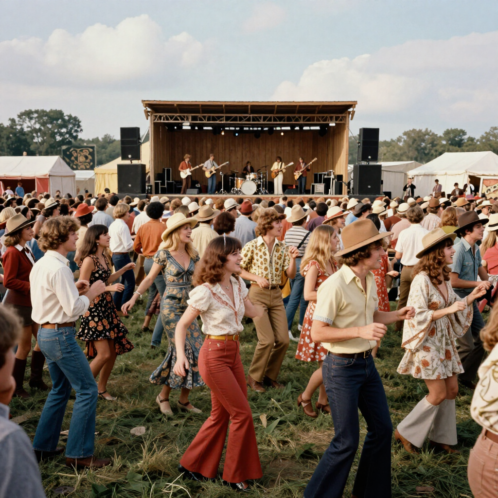 Een menigte op een openluchtmuziekfestival danst voor een podium onder een bewolkte hemel.