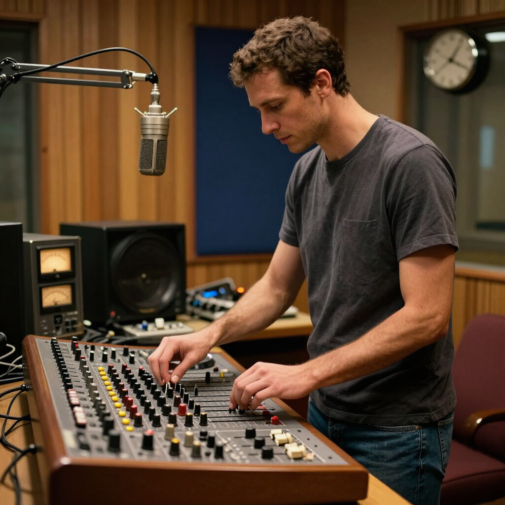 Een man stelt een audiomixer af in een opnamestudio, met een microfoon en luidsprekers in de buurt.