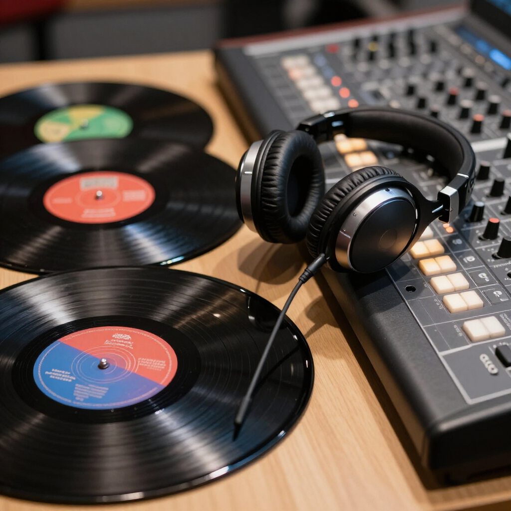 Vinylplaten naast een koptelefoon en een audiomixer op een studiotafel.