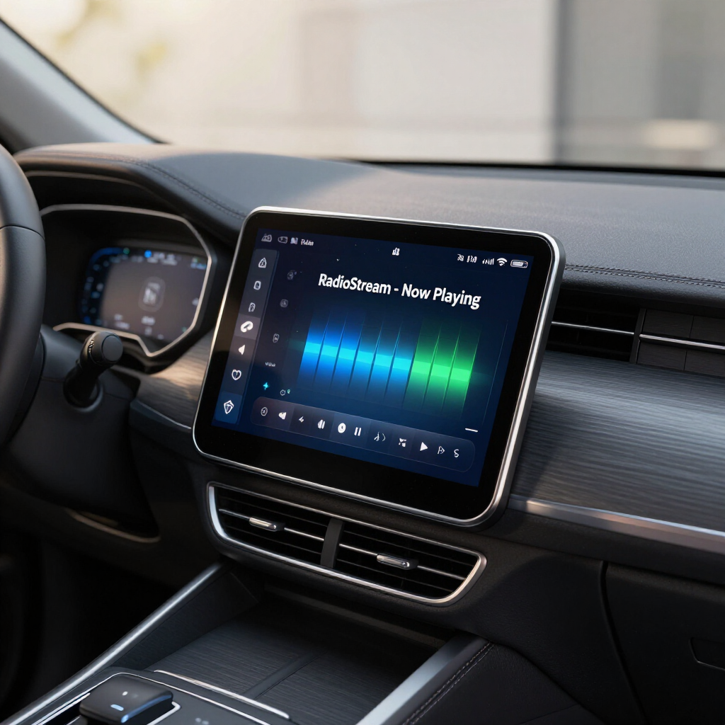 Autodashboard met centraal touchscreen waarop de muziekequalizer en een blauwgroen display worden weergegeven.