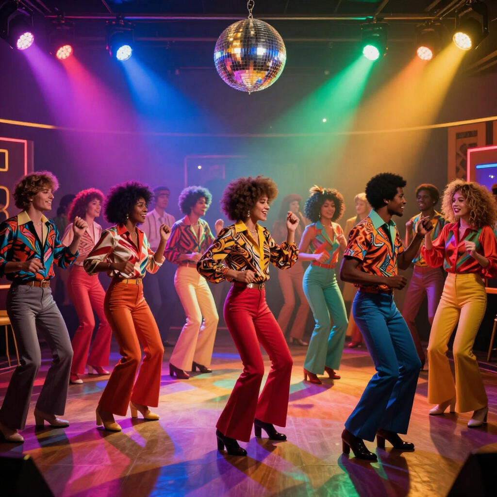 Discodansers in kleurrijke outfits treden op onder een discobal met felle podiumverlichting.