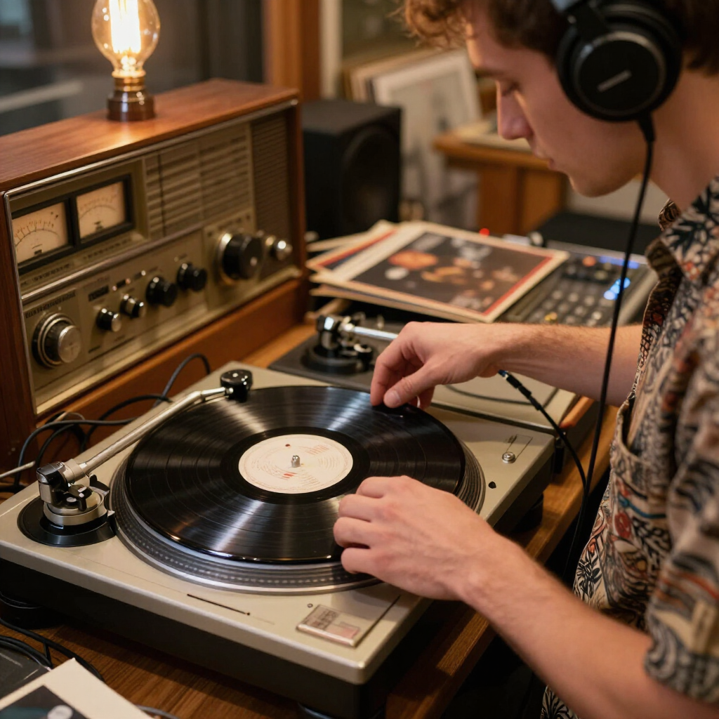 Een persoon die een vinylplaat op een draaitafel naast een vintage stereo in een warm verlichte kamer afstelt.