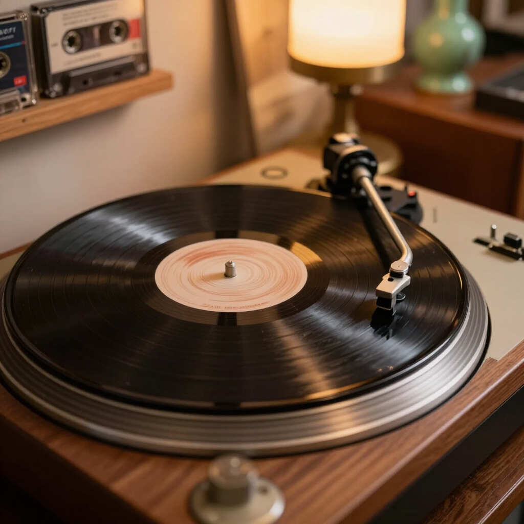 Een vinylplaat draait op een houten draaitafel in een knusse kamer bij warm lampenlicht.
