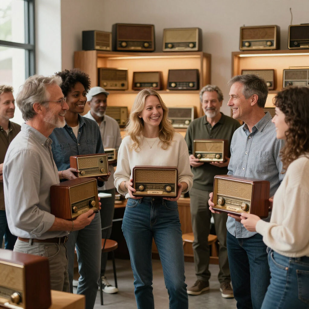 Een groep mensen in een kamer vol vintage radio's, omringd door planken vol oude radio's en luidsprekers.
