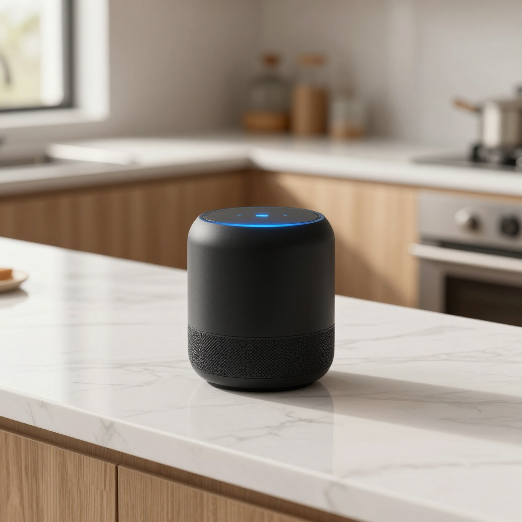 Zwarte slimme speaker op een aanrecht in de keuken met een oplichtend blauw bovenlicht.