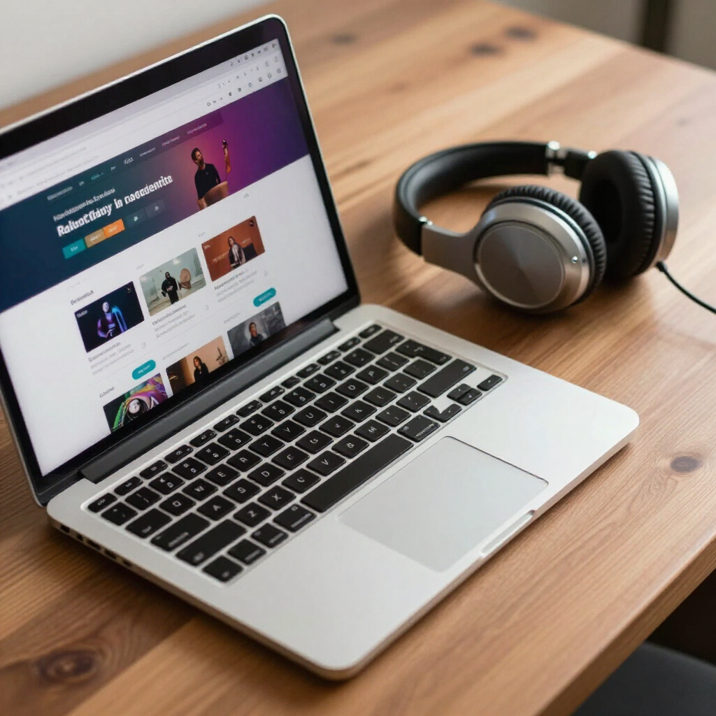 Zilverkleurige laptop met een geopende website, naast een zwarte koptelefoon op een houten bureau.