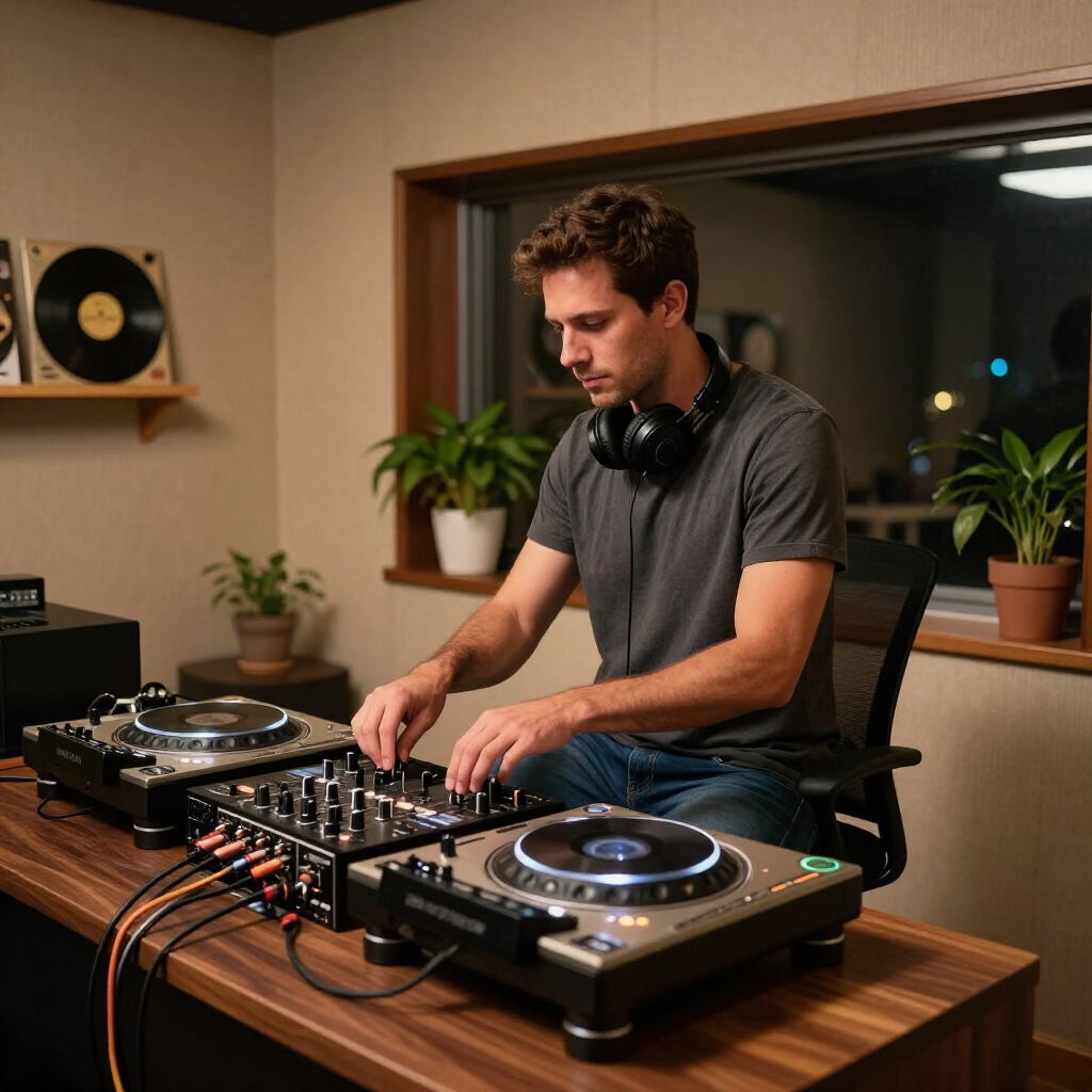 Een dj draait muziek op draaitafels in een warme studio, met een koptelefoon om zijn nek en planten bij het raam.