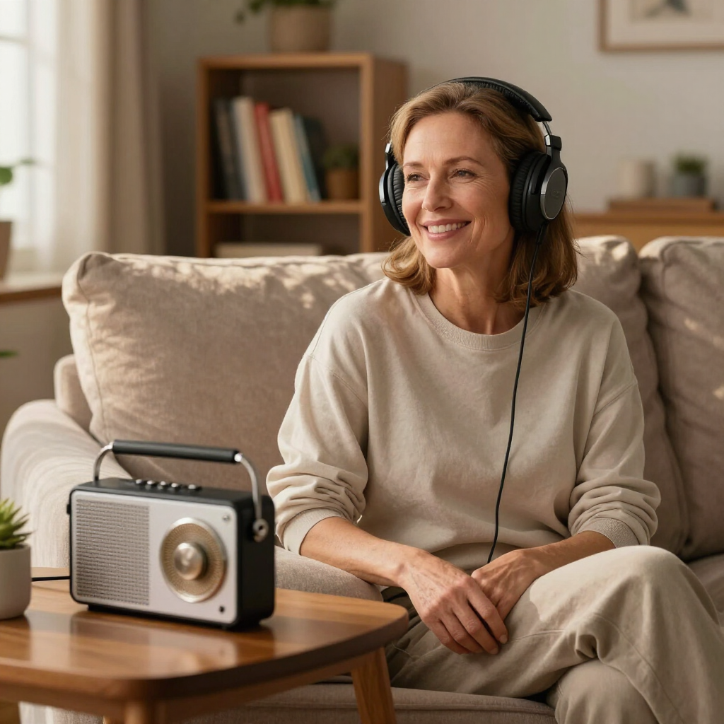Een vrouw met een koptelefoon op ontspant op een bank naast een radio in een gezellige woonkamer.