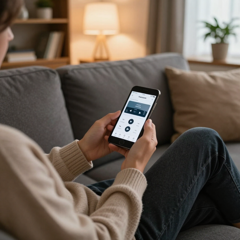 Persoon met een smartphone in de hand, zittend op een bank in een gezellige woonkamer.