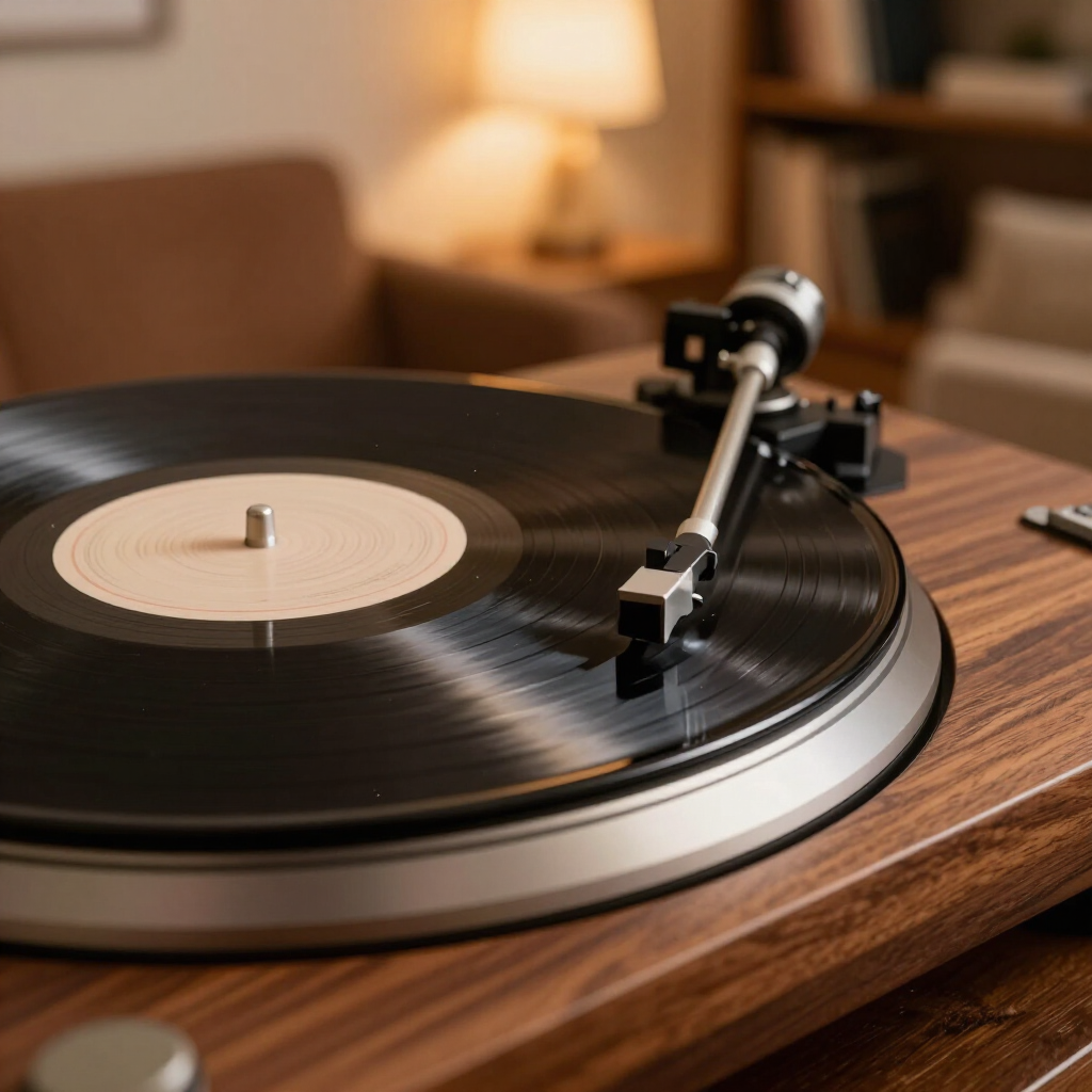 Platenspeler met zwarte vinylplaat op een houten tafel in een zacht verlichte kamer.