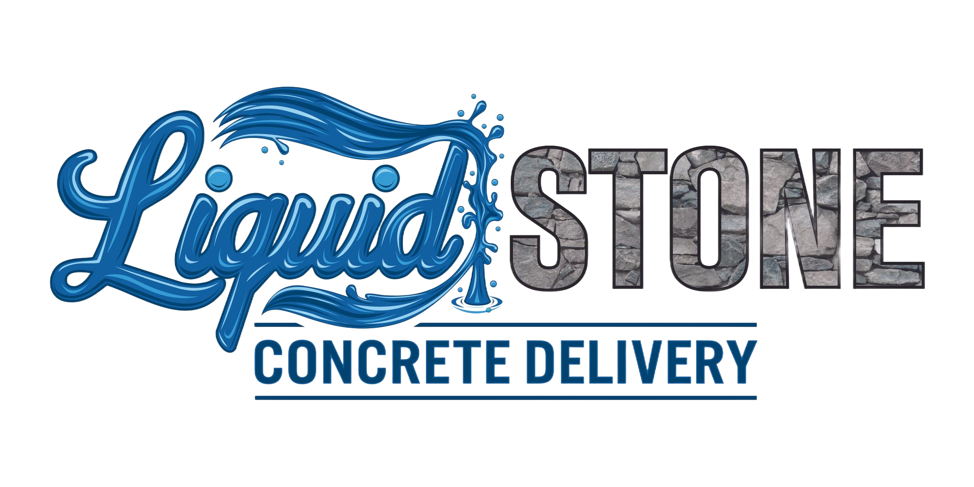 Liquid Stone logo with blue script text and gray block letters on a white background