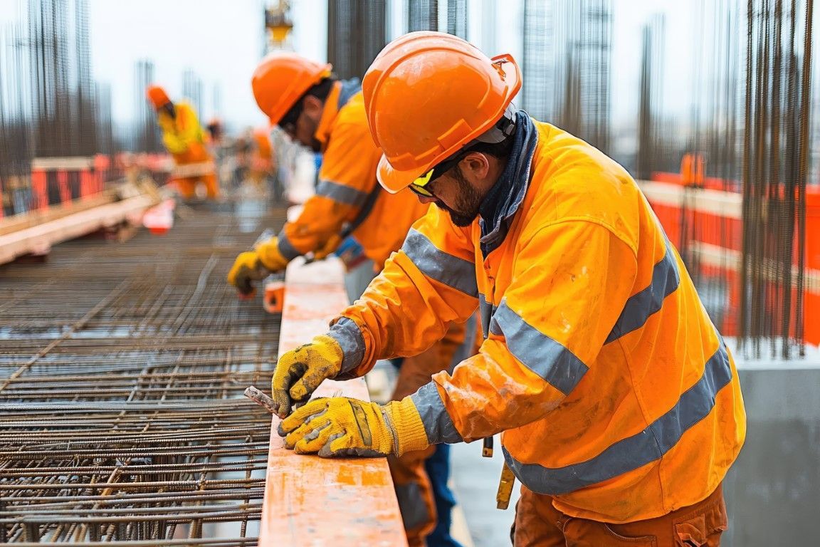 Construction workers in orange safety gear and helmets focus on a rebar structure at a building site.