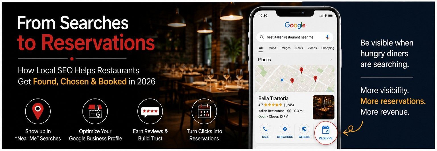 Black ad banner promoting local SEO growth, with a smartphone search map and “From Searches to Reservations” text.