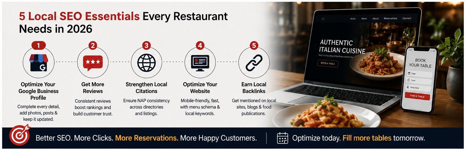 Promo banner for local SEO essentials in 2025, with food photos, phone mockup, and restaurant marketing icons