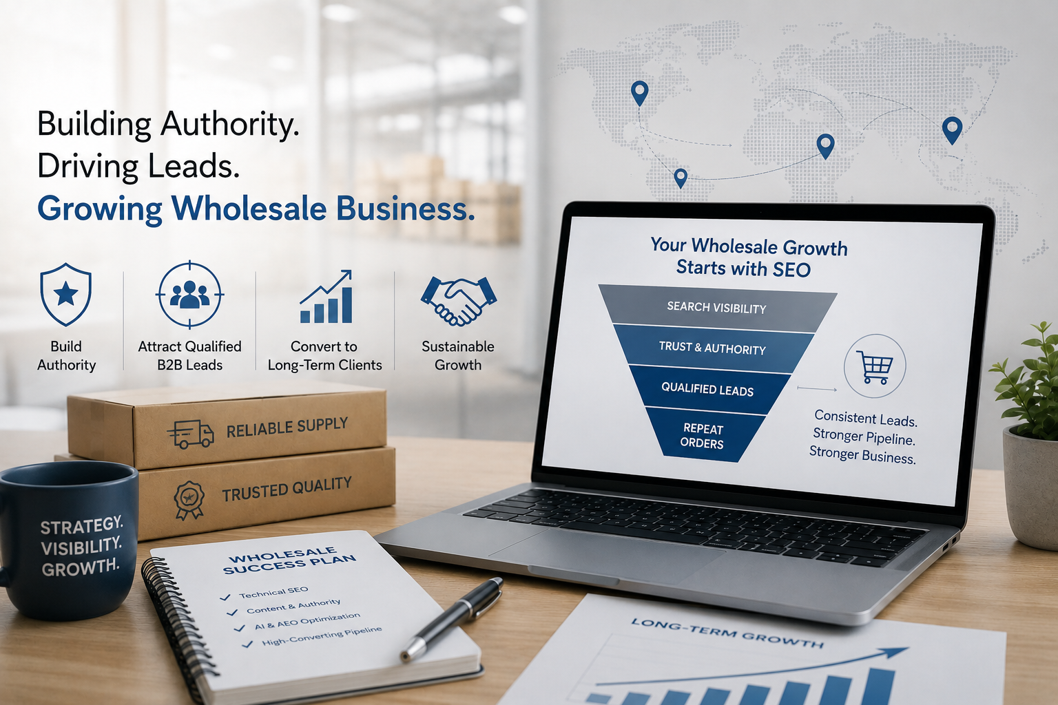 Laptop with wholesale business growth dashboard on desk beside shipping boxes and notebook, with “Building Authority” text.