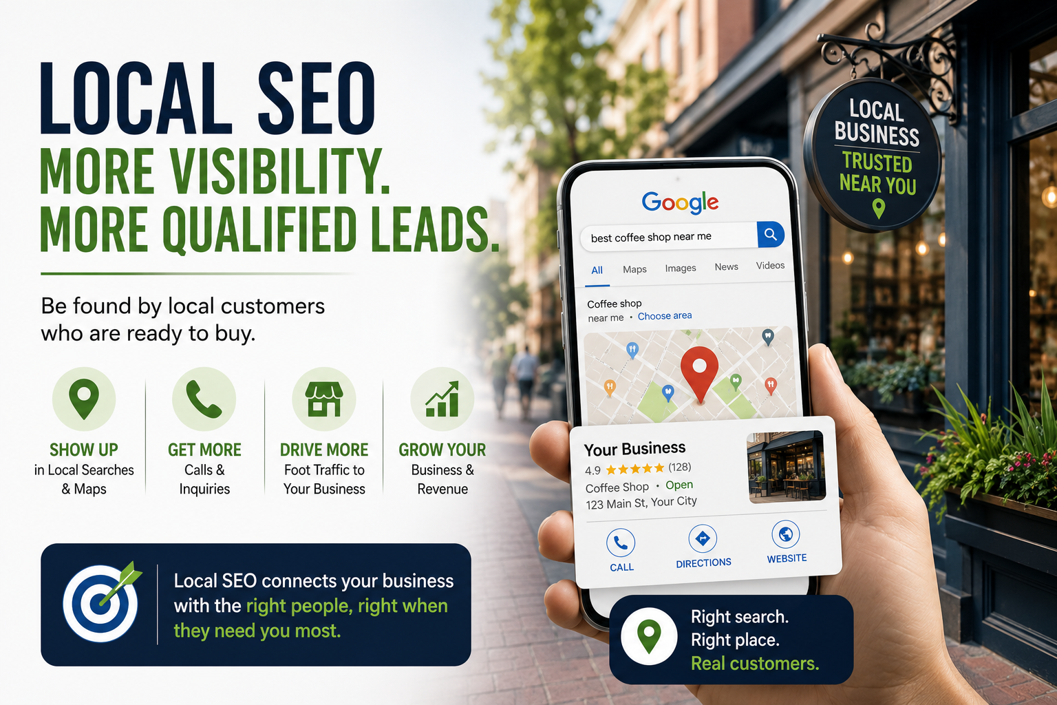 Local SEO promo graphic with smartphone, map pins, and bold text about more visibility and qualified leads