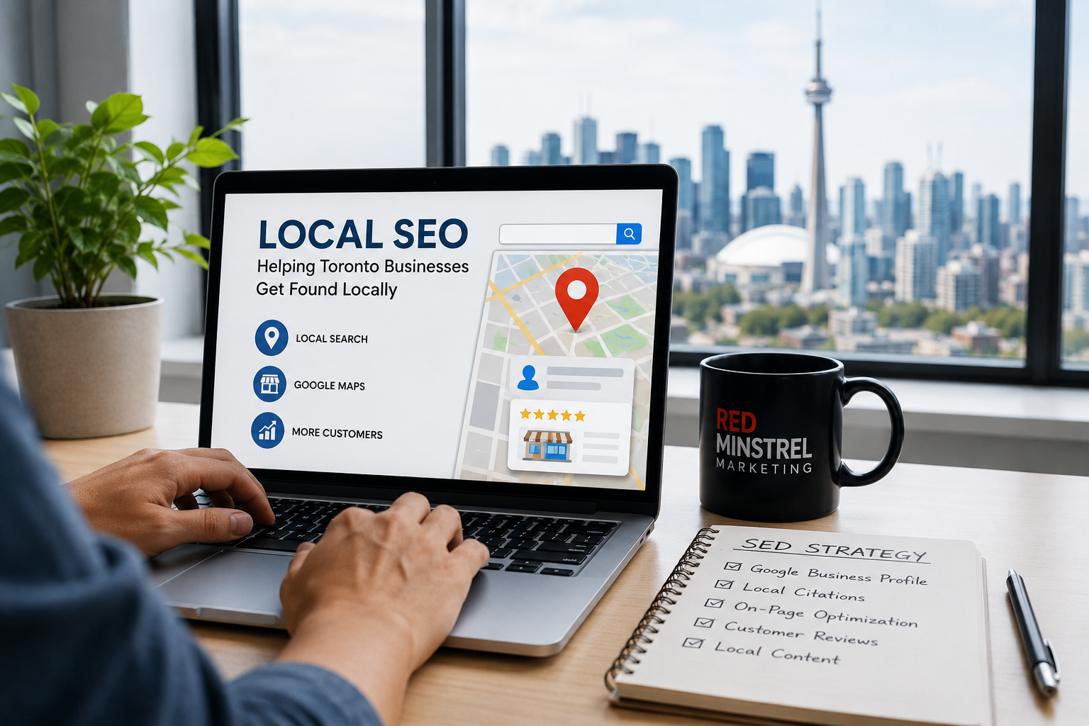 Hands typing on laptop showing local SEO dashboard beside coffee mug and notes, city skyline outside