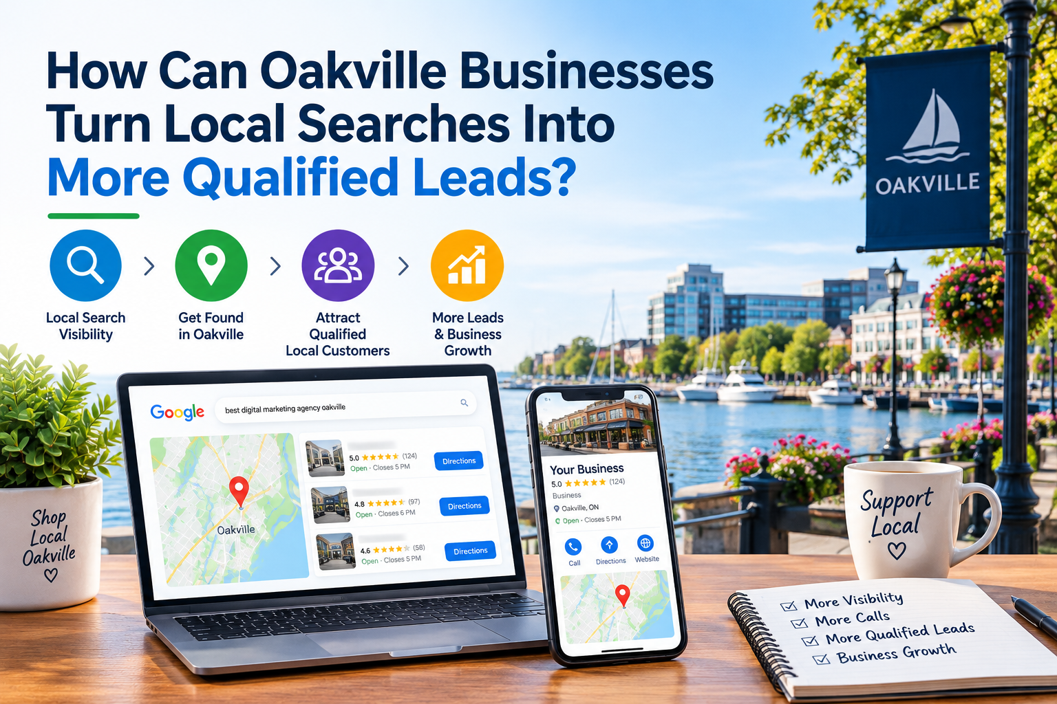 Oakville business marketing banner with laptop, phone, and map graphics on a desk by a city skyline