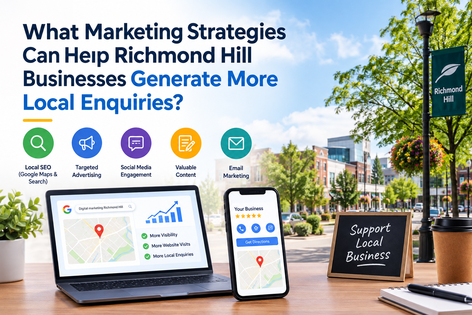 Marketing strategies for Richmond Hill businesses, with laptop, phone, and local storefront scene