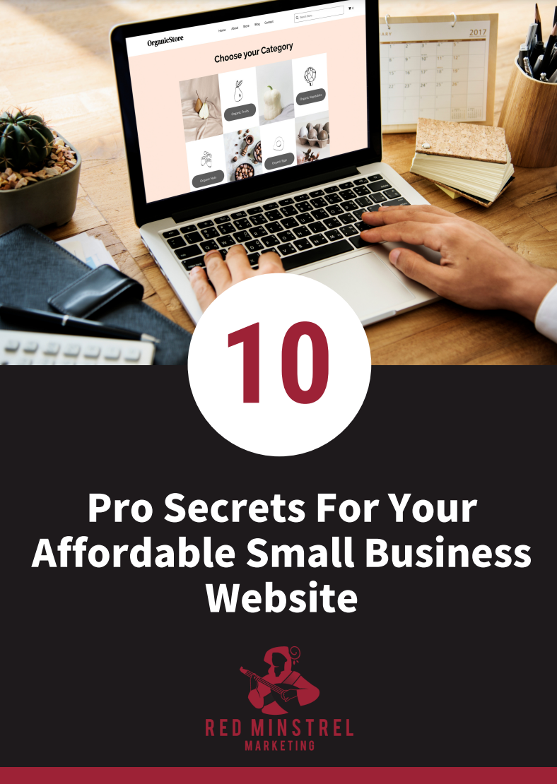 Laptop on desk with website design, “10” badge, and text: “Pro Secrets For Your Affordable Small Business Website”