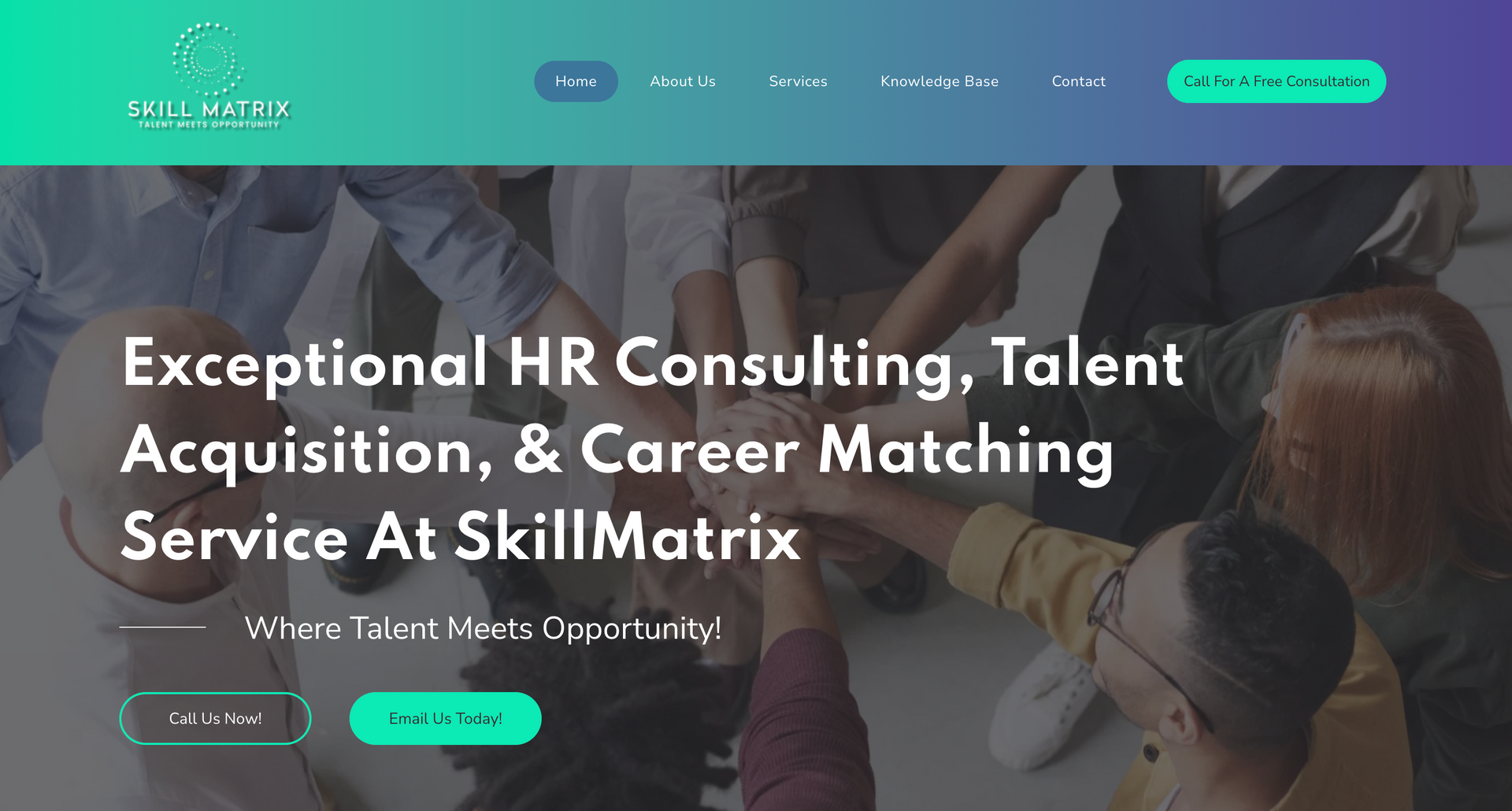 HR consulting website hero banner with teal header, team handshake photo, and “Exceptional HR Consulting” headline
