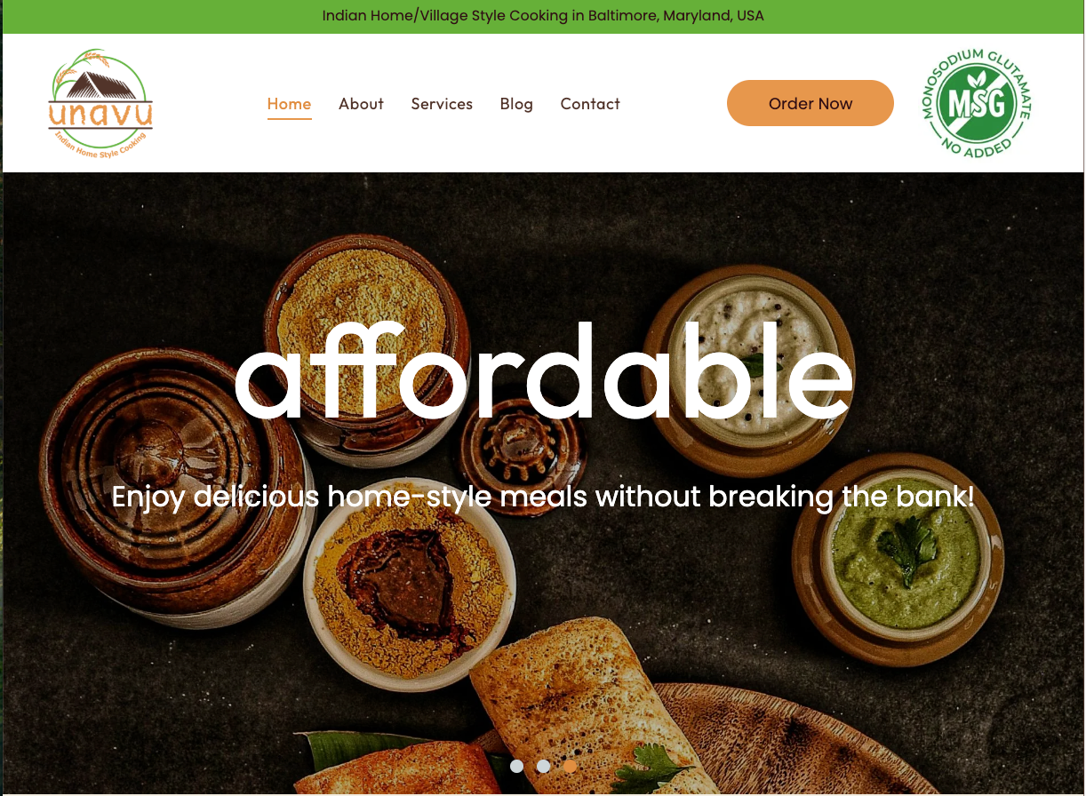 Food website homepage featuring rustic dishes and the headline “affordable” with a home-cooked meals tagline