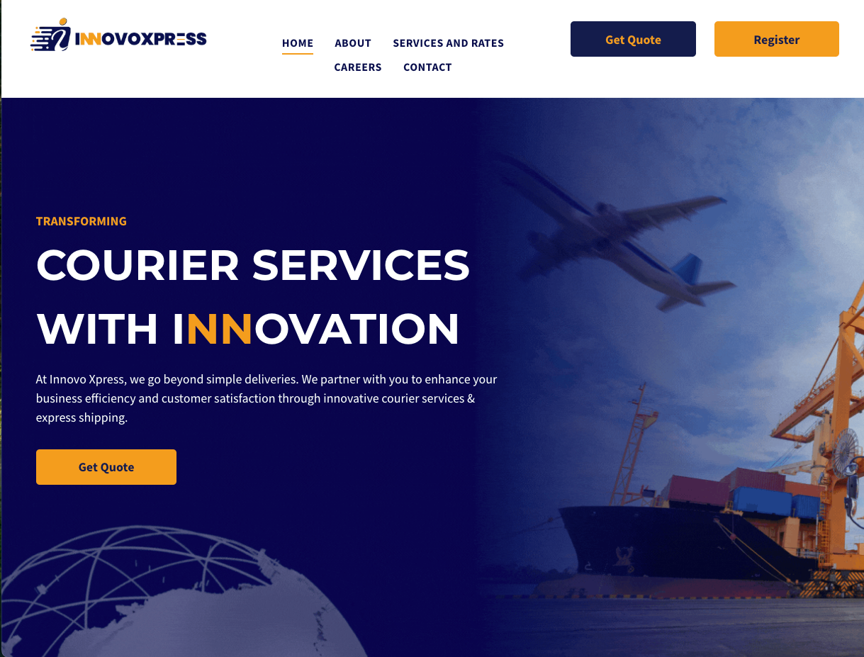 Courier services website homepage with ship, airplane, and globe on blue background