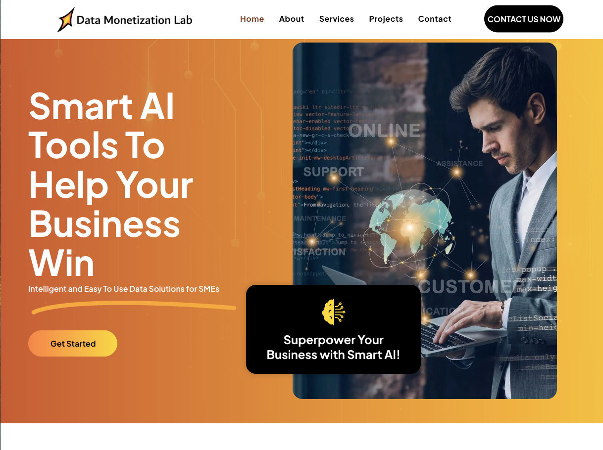Website hero banner with orange text panel and businessman beside glowing AI interface for business growth