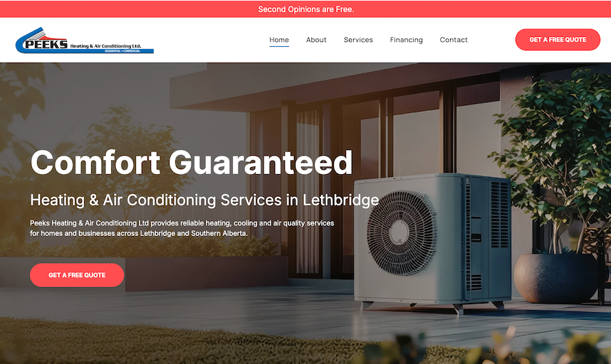 Website hero banner for HVAC services with house, air conditioner, and text “Comfort Guaranteed”